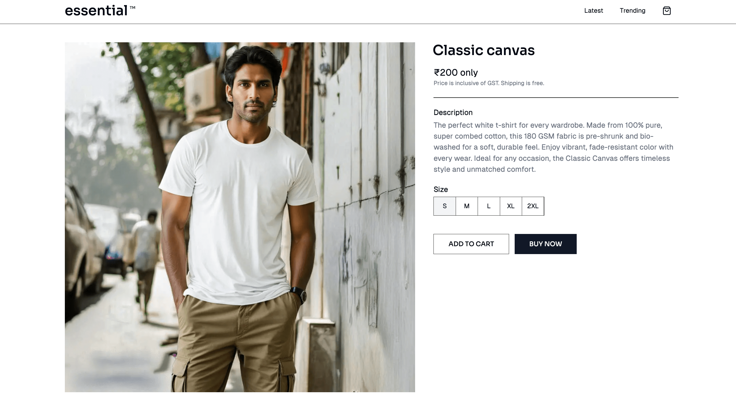 White t-shirt detail page screenshot of my upcoming website for clothing brand "essential"
